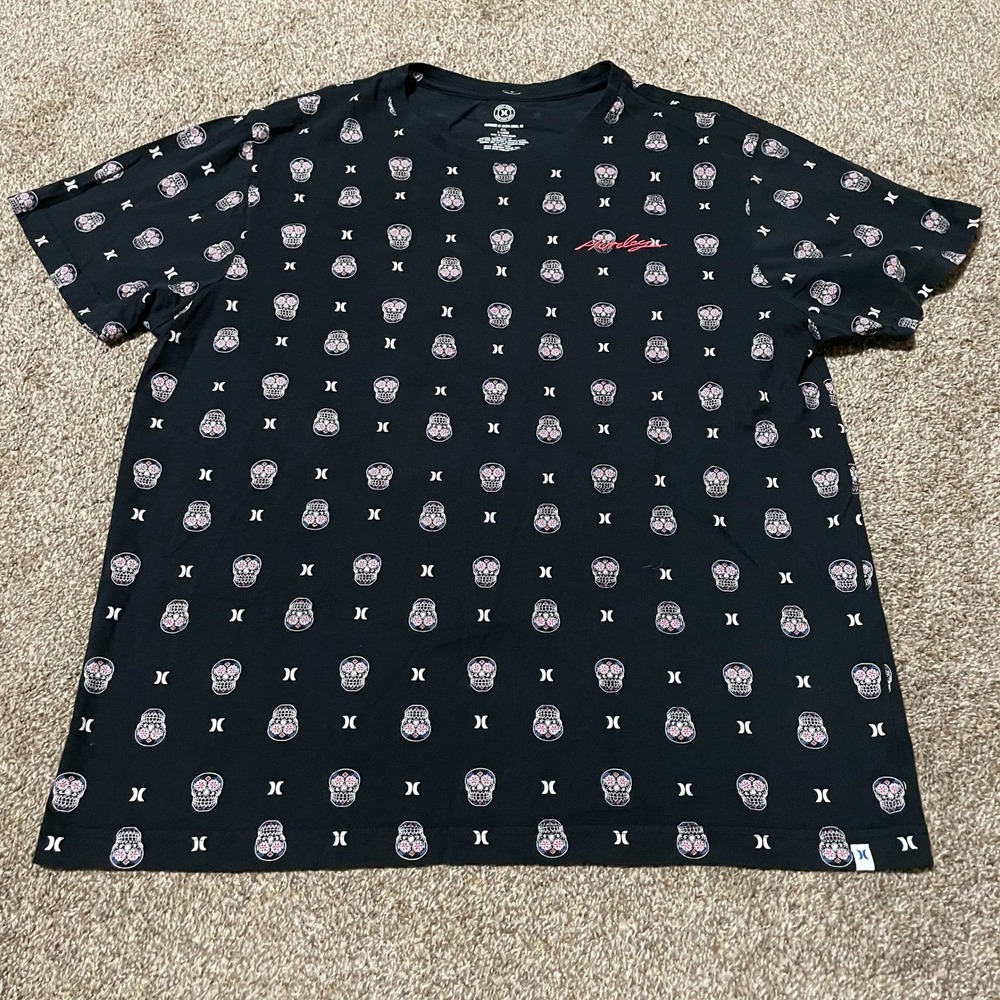 Hurley Mens XL T-Shirt Black Skull Sugar Embroidered Surf Skate Graphic Tee
